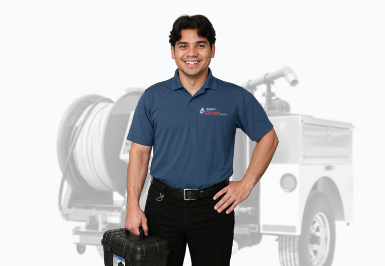 Super Drain Windsor plumber with a tool bag